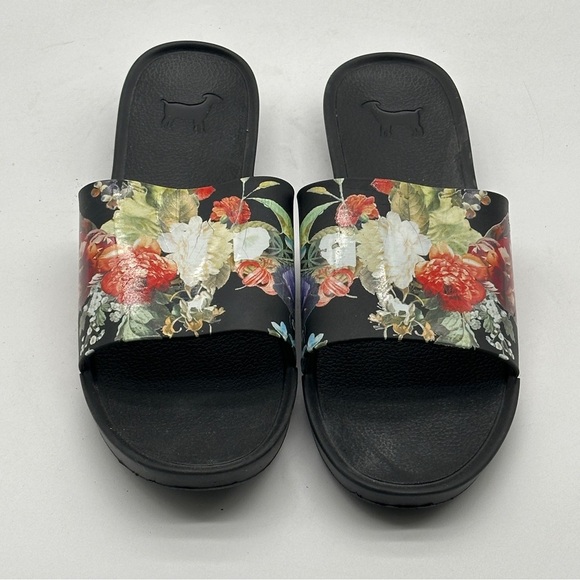 Goats Slides Size 8 / 38Black Flowers Flip Flops Sandals Slip On Beach Pool - Picture 4 of 12